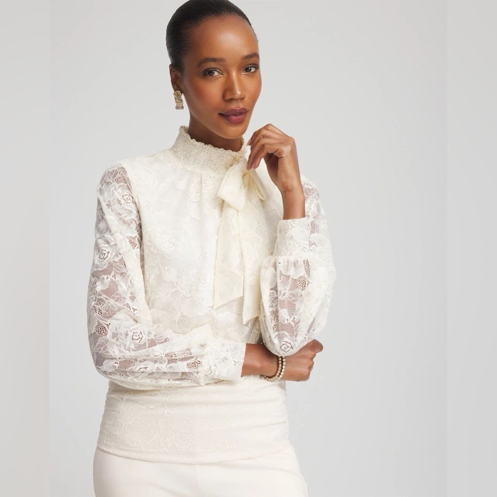 Sheer Lace Necktie Bow Blouse Size 3X Ivory 70s Secretary Victorian Puff Sleeve